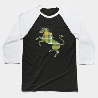 Scottish Green, White and Yellow Tartan Rearing Unicorn Silhouette Baseball T-Shirt